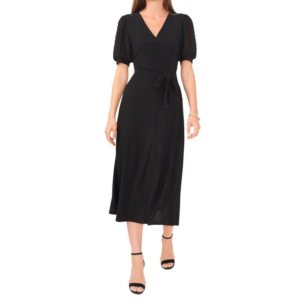 MSK Women's Black V-neck Contrast-sleeve Tie-waist Midi Dress Sz M
